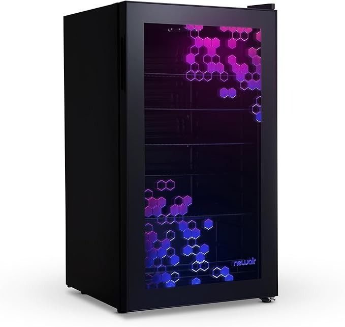 a black refrigerator with purple and blue lights on the front, in front of a white background