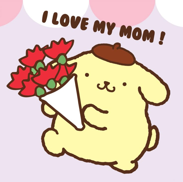 a cartoon dog holding a bouquet of flowers with the caption i love my mom