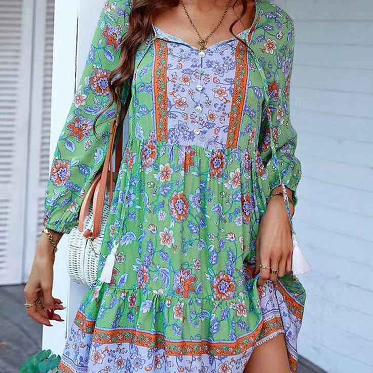 Get Ready To Turn Heads In This Casual, Yet Cute Multicolor Flowy Dress! Perfect For A Night Out With Friends Or A Fun Day Date, This Dress Is Sure To Make A Statement Wherever You Go. Features: - Multi Color Design That Is Vibrant And Eye-Catching - Floral Pattern For A Touch Of Femininity - Flowy Silhouette For A Comfortable And Flattering Fit Don't Miss Out On This Must-Have Addition To Your Wardrobe! Add This Multicolor Flowy Dress To Your Cart Now And Rock Your Next Outfit! Green Boho Mini Dress For Beach, Green Shift Mini Dress For Beach, Green Floral Print Shift Mini Dress, Green Floral Print Boho Dress, Green Long Sleeve Summer Midi Dress, Green Flowy Boho Dress For Brunch, Blue Long Sleeve Boho Dress For Spring, Long Sleeve Blue Boho Dress For Spring, Green Bohemian Knee-length Mini Dress