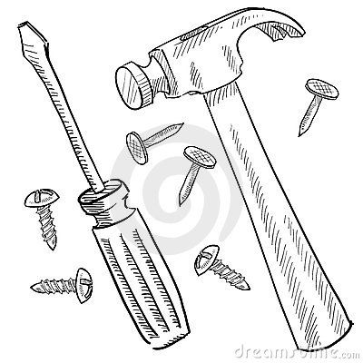 an ink drawing of a hammer and screwdriver on a white background with other tools