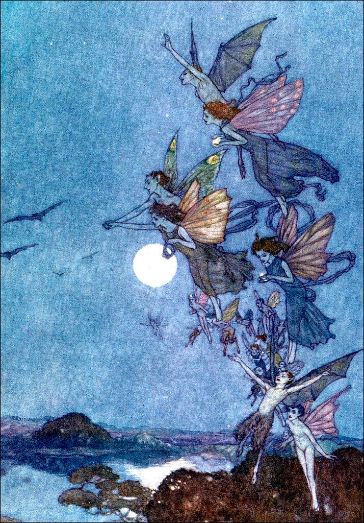 an illustration from fairy tale, the little mermaid and her friends are flying in the sky