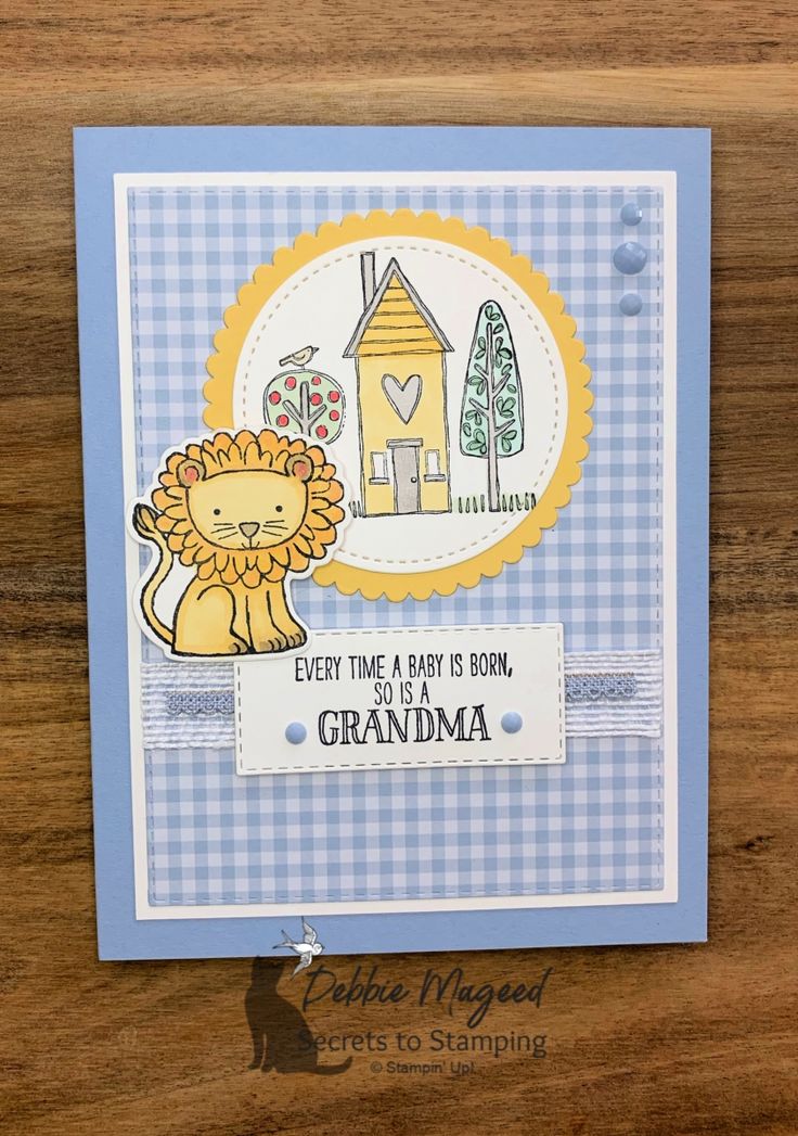 a card with a lion on it and the words grandma's house in blue