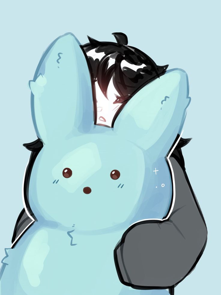 a blue bunny with its head in the back of it's arm and eyes closed