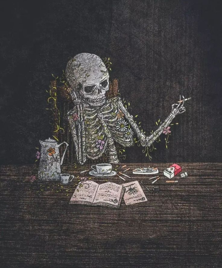 a drawing of a skeleton sitting at a table with an open book in front of it