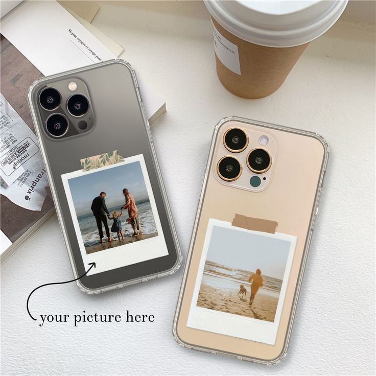 an iphone case with two photos on it next to a cup of coffee and paper