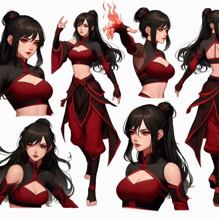 Element Bending Poses, Female Firebender, Avatar The Last Airbender Character Art, Female Earthbender, Kitara Avatar, Atla Firebender Oc, Fire Hero Costume Design, Avatar The Last Airbender Oc Outfits, Avatar Fire Nation Clothes