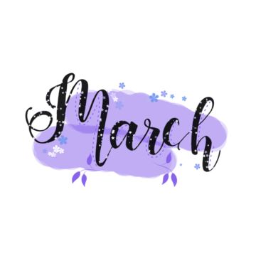 the word march written in black ink on a purple background with snowflakes and leaves