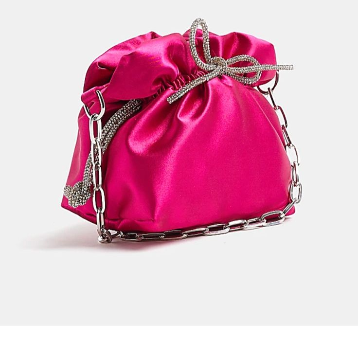 Pink Satin Diamante Bow Shoulder Bag. Never Used. Elegant Bucket Pouch, Chic Crossbody Bags For Events, Elegant Bucket Bag With Chain Strap For Party, Chic Evening Bucket Pouch, Party Crossbody Bag With Dust Bag, Elegant Pink Pouch Bucket Bag, Chic Event Pouch Bags, Chic Event Pouch Bag, Chic Pouch Bag For Events