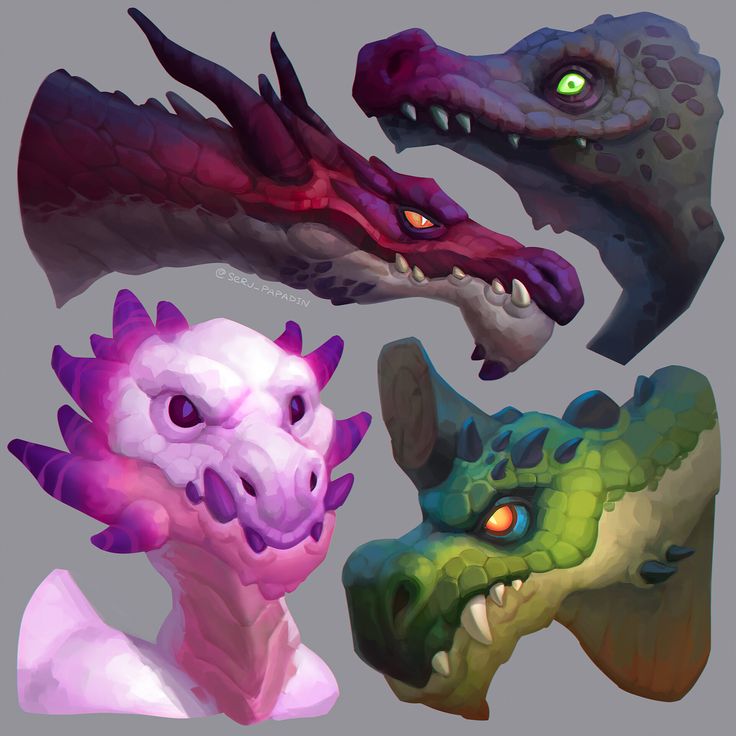 four different types of dragon heads with glowing eyes