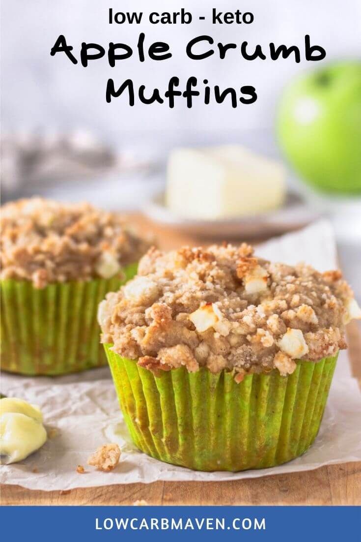 low carb keto apple crumb muffins with apples in the background