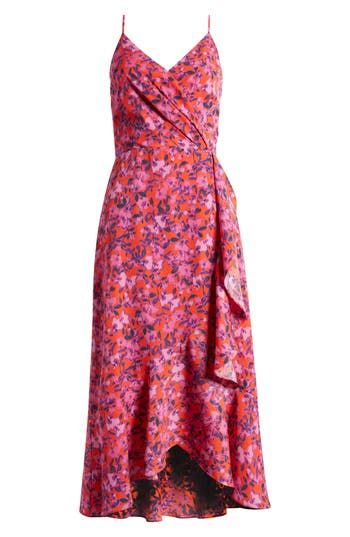 Vibrant blooms pop on this fiery sleeveless midi, fashioned with a wrapped bodice and a ruffled high/low skirt. 33" center front length; 42" back length (size Medium) Hidden back-zip closure Surplice V-neck Adjustable straps Lined 99% polyester, 1% spandex Machine wash, line dry Imported Dresses Chelsea 28 Wrap Dress, Sleeveless Ruched Wrap Dress, Pink Ruched Dress With Surplice Neckline, Fitted Sleeveless Wrap Dress With Ruched Details, Fitted Sleeveless Ruched Wrap Dress, Spring Ruched Midi Wrap Dress, Spring Ruched Wrap Dress Midi Length, Spring Wrap Dress With Ruched Detail, Midi Length, Pink Ruffle Hem Midi Dress For Date Night