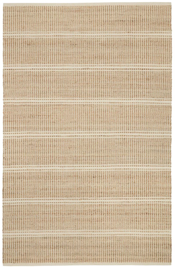 a beige rug with white stripes on the top and bottom, against a white background