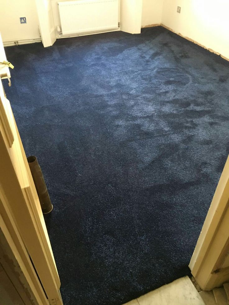 an empty room with a blue carpet and door way leading to another room that has white walls