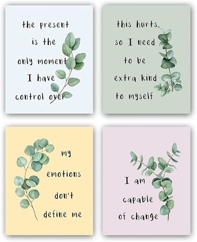 four cards with different sayings on them, each one has a plant in the middle