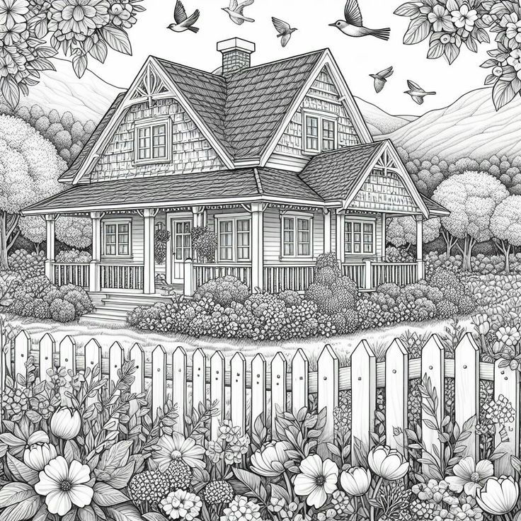 a drawing of a house surrounded by flowers and trees with birds flying over the fence