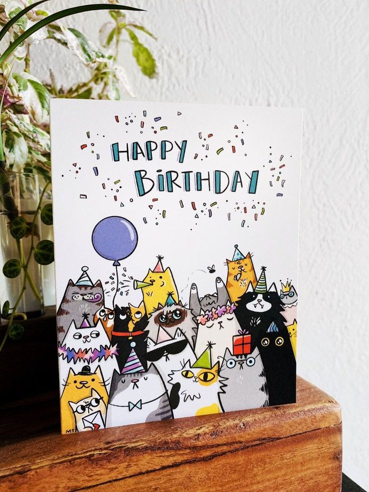 Cat Birthday Card - Printable Party Cats Happy Birthday Card - Unique Cat Crew From All of Us - Download Cat Greeting Card - A2 Size Cats Happy Birthday, Cat Cards Handmade, Birthday Card Unique, Happy Birthday Drawings, Cats Happy, Happy Birthday Illustration, Happy Birthday Cat, Birthday Doodle, Creative Birthday Cards