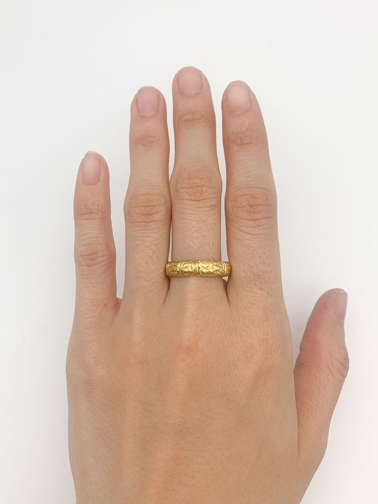 Gold Tribal Ring Gold Vermeil: 18k Gold over Solid 925 Sterling Silver ☞ made to last.Matching Earrings & Pendant - please ask meDetails:• Gold Boho Ring• Dimensions: Band width 4mm, thickness 2mm• 18k Gold Vermeil SKU 1791 Gold Thick Band Jewelry For Promise, Etched Promise Ring Jewelry, Yellow Gold Brass Promise Ring, Yellow Gold Thick Band Jewelry For Promise, Yellow Gold Promise Jewelry With Thick Band, Yellow Gold Thick Band Promise Jewelry, Promise Jewelry In Hammered Yellow Gold, Hammered Yellow Gold Promise Jewelry, Hand Forged Yellow Gold Jewelry For Promise