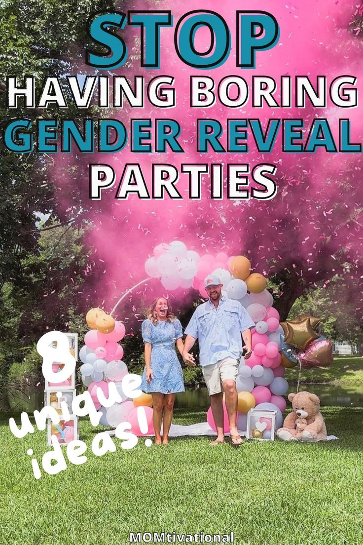 two people standing next to each other in front of balloons and letters that say stop having boring gender reveal parties