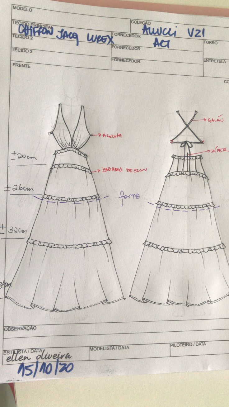 a drawing of a dress with measurements for the top and bottom, on a piece of paper