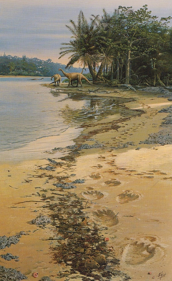 an oil painting of horses on the shore of a beach with palm trees in the background