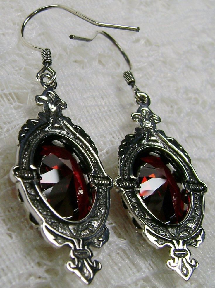 Red Garnet Cubic Zirconia (CZ) Earrings, Sterling Silver Filigree, Victorian Jewelry, Pin Design P18 Elegant Garnet Drop Earrings, Elegant Garnet Earrings, Elegant Pierced Garnet Earrings, Elegant Sterling Silver Earrings With Jewels, Elegant Garnet Gemstone Earrings, Gothic Drop Earrings For Formal Occasions, Ornate Red Sterling Silver Earrings, Red Classic Jewelry With Matching Earrings, Fine Jewelry Earrings With Jewels For Gift