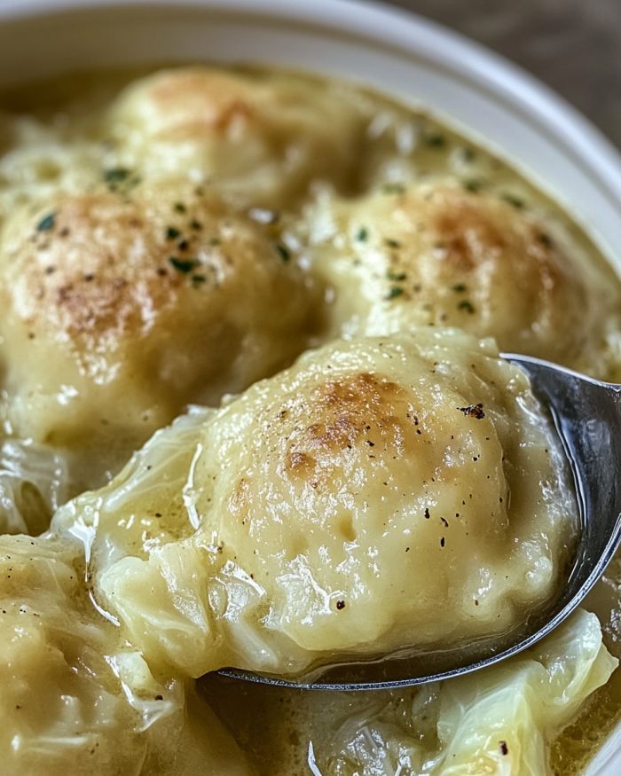 a white bowl filled with dumplings covered in gravy and topped with a spoon