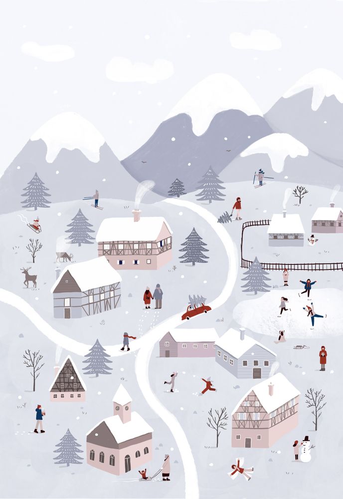 a snowy village with people skiing and snowboarding