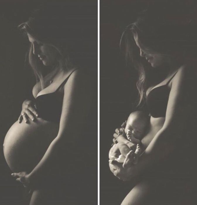 two pictures of a woman holding a baby in her arms, and the other side is black and white