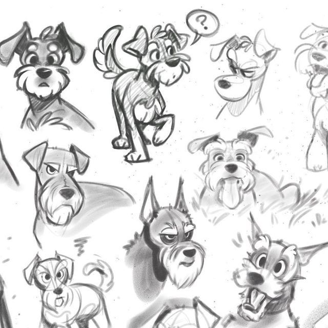 a bunch of cartoon dogs that are drawn in black and white pencils on paper