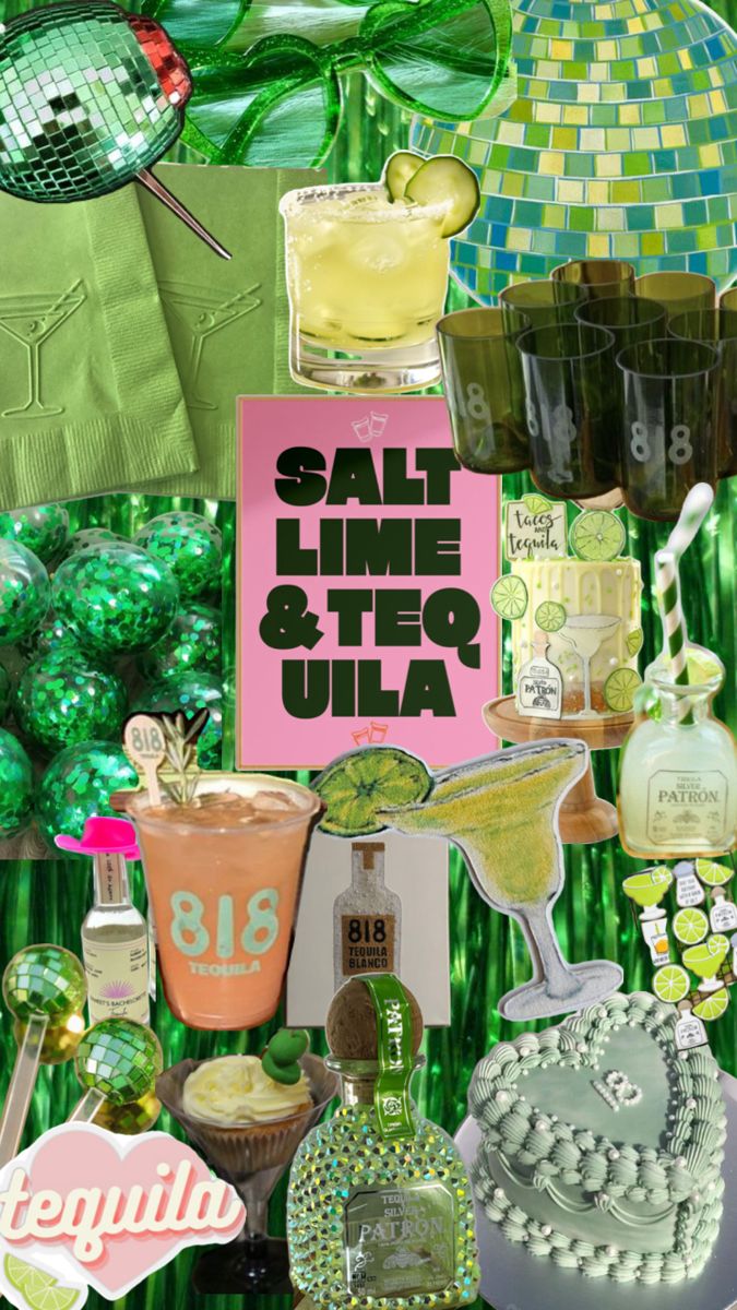 a collage of green and pink items including bottles, glasses, hats, and other things