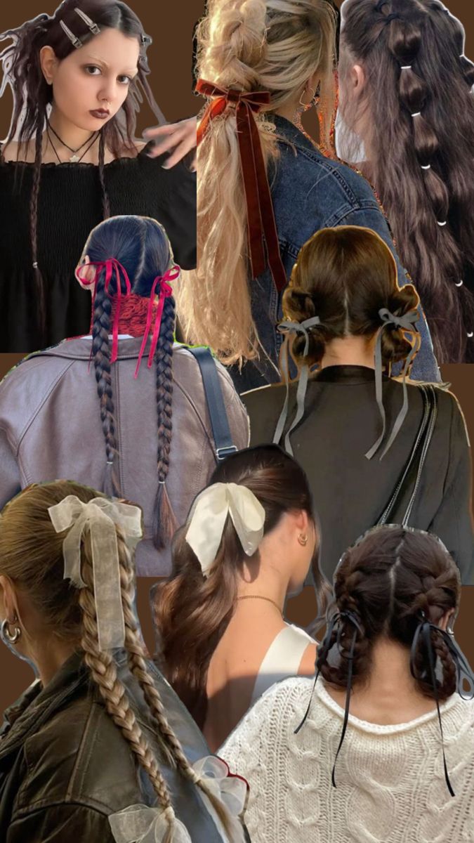 cute braided hairstyles with ribbons pt2 Pigtail Ribbon Hairstyle, Braided Ribbon In Hair, Cute Hairstyles With Ribbon, Hairstyles With Ribbon Braided, Braids With Ribbons In Them, Hair Braid Ribbon, Braids With Ribbon, Plaited Hairstyles, Ribbon Ponytail