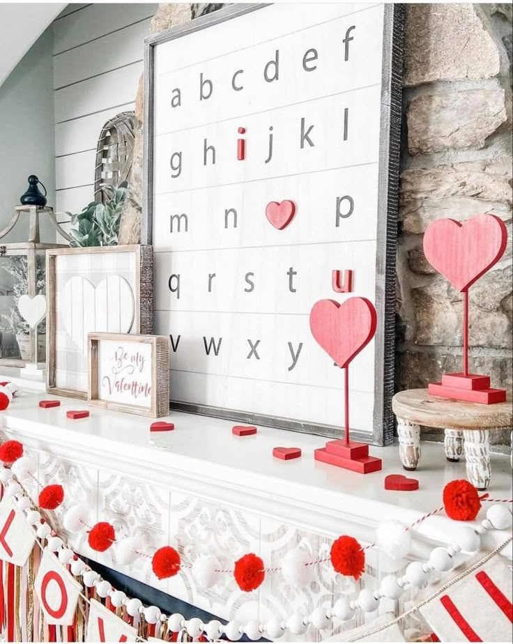 valentine's day mantel decorated with paper hearts