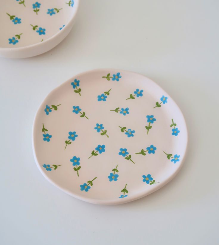 two plates with blue flowers on them sitting next to each other in front of a white background