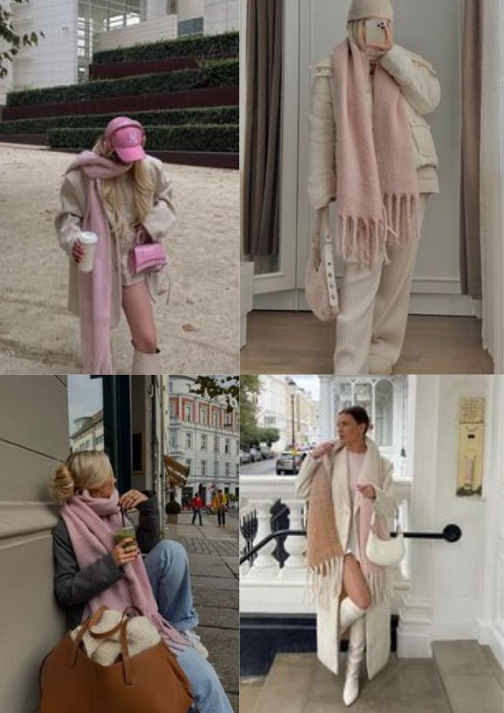 Scarf Fit Aesthetic, Pink Chunky Scarf, Pink Fluffy Scarf, Pink Plaid Scarf Outfit, Light Pink Scarf Outfit, Hot Pink Scarf Outfit, Pink Scarf Aesthetic, Pink Silk Scarf Outfit, Pink Scarf Outfit Winter