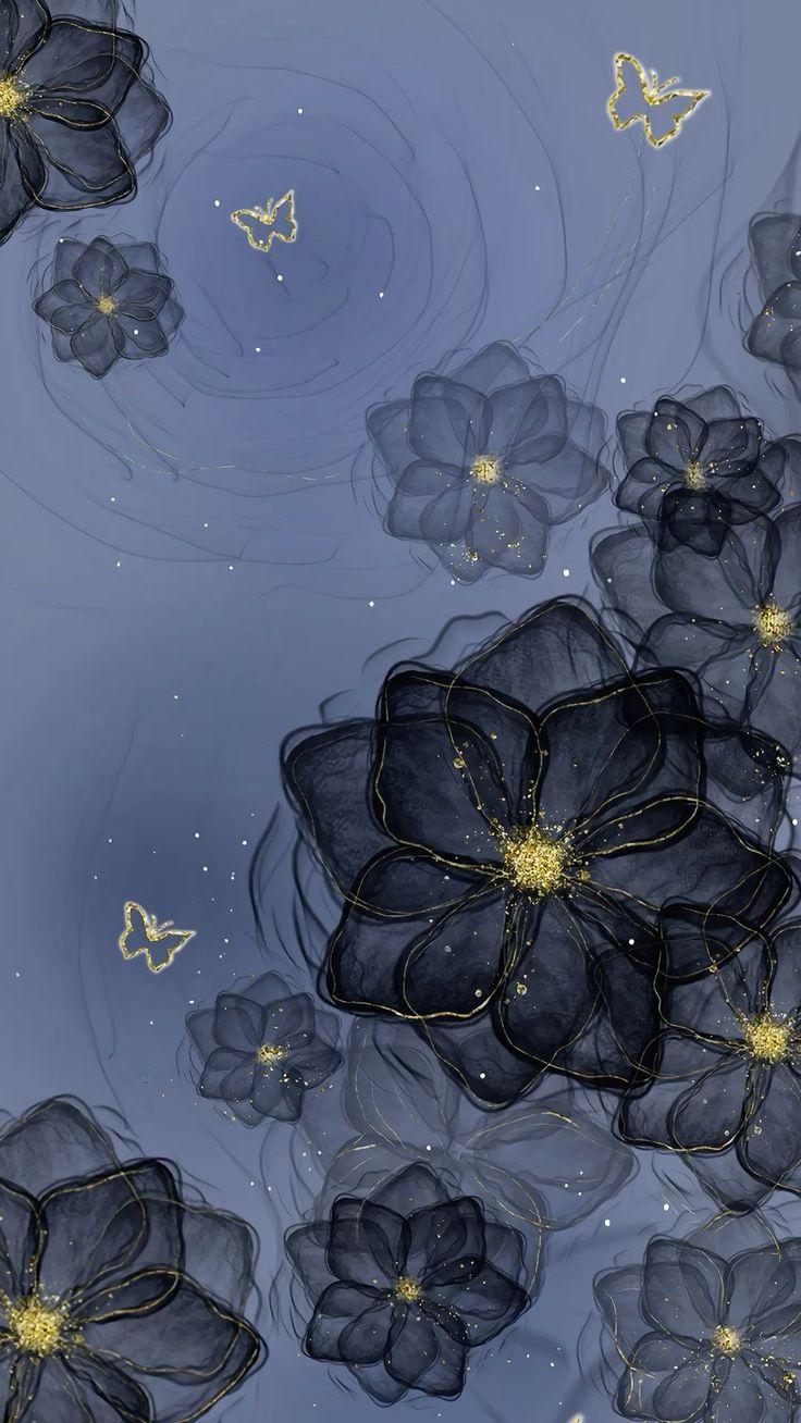 some flowers and butterflies are floating in the water on a blue background with gold accents