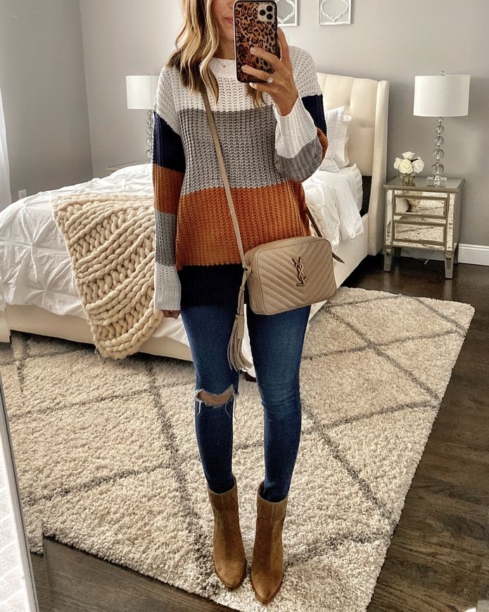 IG: @mrscasual | Color block sweater, jeans, YSL bag, & booties Simple Fall Outfits, Cute Fall Outfits, Looks Chic, Outfit Inspo Fall, Color Block Sweater, Fall Fashion Outfits, Casual Fall Outfits, Outfit Casual, Winter Fashion Outfits