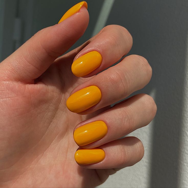 Yellow Painted Nails, Mango Yellow Nails, Dark Yellow Nails Acrylic, Yellow Oval Acrylic Nails, Burnt Yellow Nails, Yellow Oval Nails, Golden Yellow Nails, Dark Yellow Nails, Marigold Nails