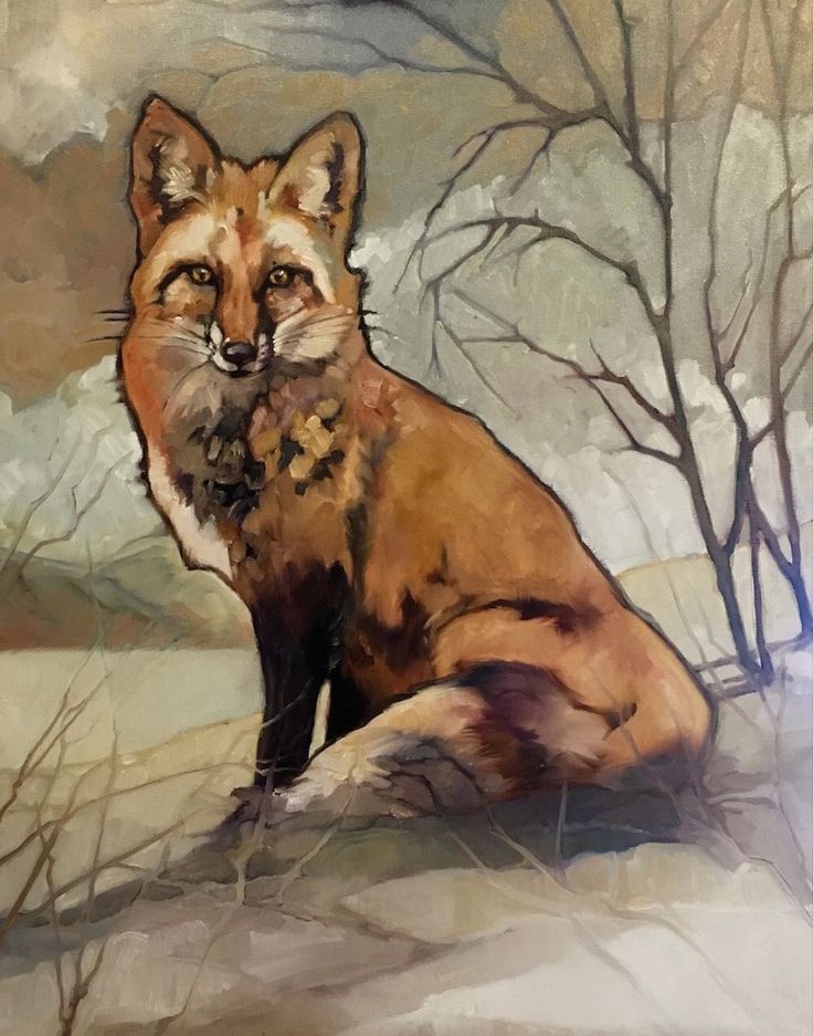 a painting of a fox sitting in the snow