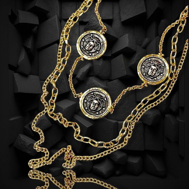 Handmade Bohemian Layered Gold Plated Chain Necklace Gold Coin Medusa Medallion Necklace, Designer Boho chic Layered Gold Plated Chain Necklace, Unique Bohemian Roman Coin Necklace, Gift for Her This Handmade Bohemian Layered Gold Plated Chain Necklace with a Gold Coin Medusa Medallion is a designer boho chic piece that will make any outfit shine! Whether you're looking for a unique bohemian accessory to spice up an evening look or a classic roman coin necklace perfect for everyday wear, this ne Medusa Medallion, Coin Necklace Gold, Jewelry Magazine, Gold Coin Necklace, Roman Coins, Bohemian Accessories, Medallion Necklace, Gold Coin, Boho Designs