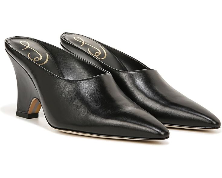 Sam Edelman Vonn Sleek Slip-on Heels With Sculpted Heel, Sleek High Heel Mules With Branded Insole, Sleek Leather Mules, Sleek Leather Mules Fitted, Sleek High Heel Mules, Modern Fitted Mules For Workwear, Fitted Closed Toe Mules For Workwear, Fitted Almond Toe Mules For Workwear, Sleek Medium Width Slip-on Heels