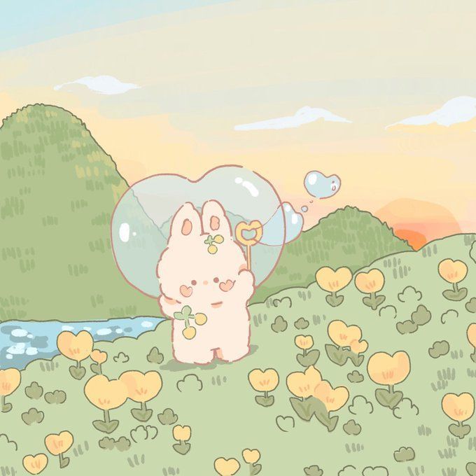 a cartoon character holding a bubble in his hand and standing on the ground with hearts all around him