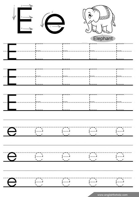 the letter e is for elephant worksheet with an image of an elephant on it