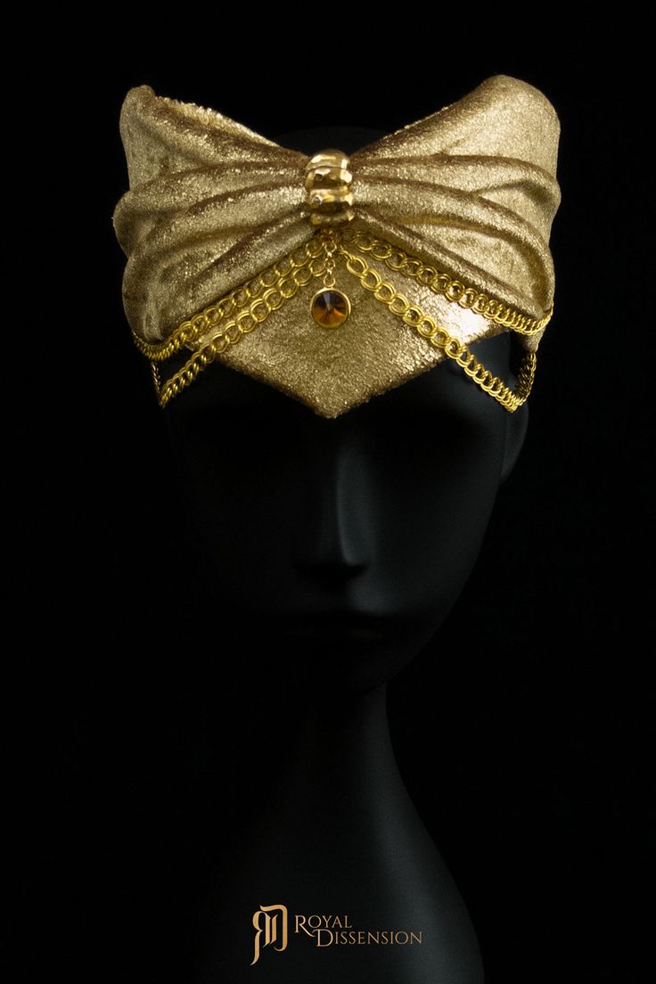 Mantle Of Gold Headpiece designed by Royal Dissension.  Gold Headpiece, flexible, lightweight easy to wear and great for dancing in all night long. Chains and hanging gem move ever so slightly with your movements. Fully adjustable strap in the back. Comfortable and perfect for you. There are three of these identical in shape and color. Find them at ... https://www.royaldissension.com/relics/ Arab Night, Wise Man Costume, Fashion Armor, Posture Collar, Gold Armor, Festival Headpiece, Full Body Costumes, Store Boutique, Gold Headpiece