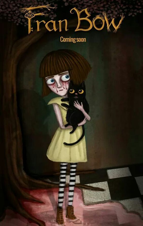 a girl in a yellow dress holding a black cat with the words fran bow coming soon