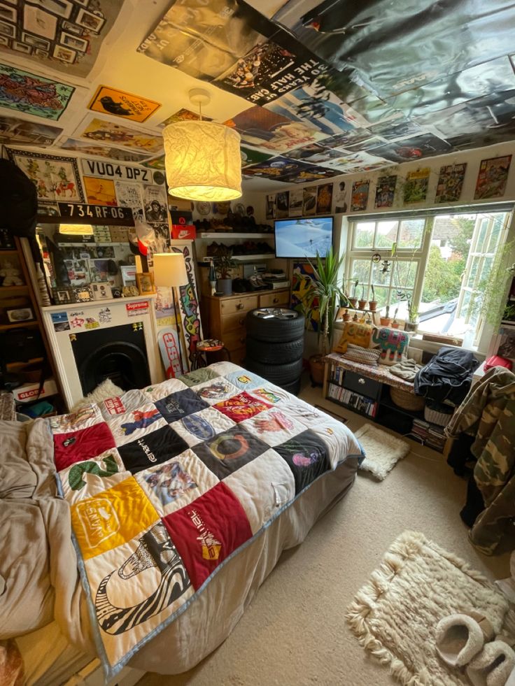 a bed room with a neatly made bed and lots of clutter on the walls