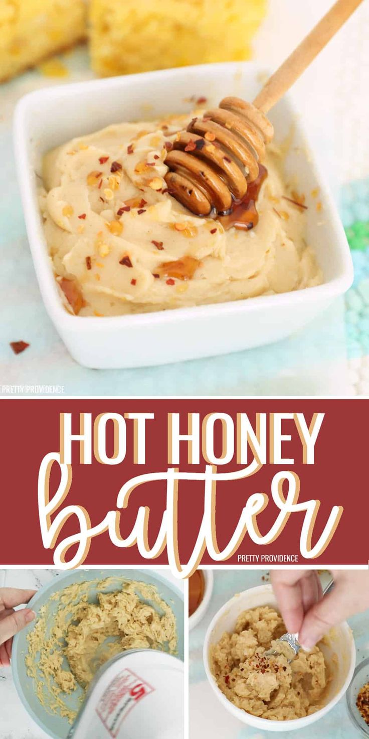 honey butter recipe in a white bowl with spoons and ingredients to make it look like an ice cream