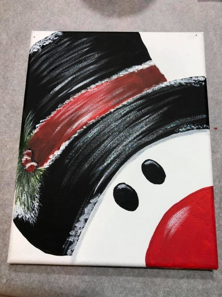 a painting of a snowman wearing a black hat and red nose with white background