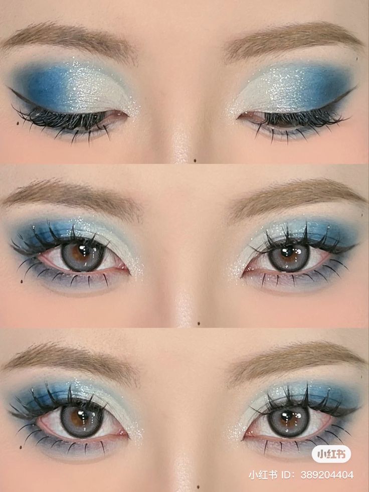 Blue Eyeshadow 80s, White And Blue Makeup Looks, Blue Makeup For Prom, Blue And White Eyeshadow Looks, Quince Makeup Blue, Blue Eyeshadow Makeup Looks, Blue And White Makeup, Makeup Azul, Cinderella Makeup