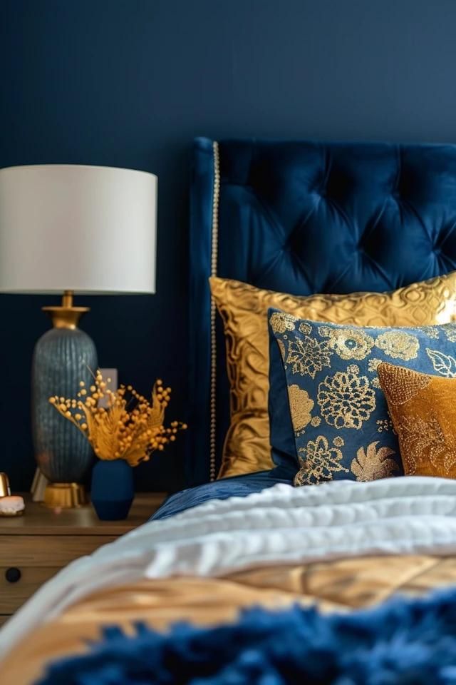 Elegant Navy Blue and Gold Bedroom Inspirations Navy And Gold Bedroom Ideas, Blue And Gold Bedding, Dark Blue And Gold Bedroom, Navy Blue And Gold Wallpaper, Kendall Bedroom, Blue And Gold Bedroom Decor, Blue And Gold Room, Navy Blue And Gold Bedroom, Navy And Gold Bedroom