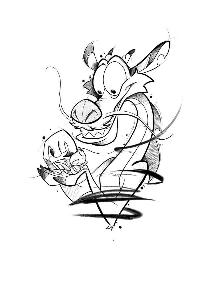 a black and white drawing of a cartoon character holding onto a small dog's head